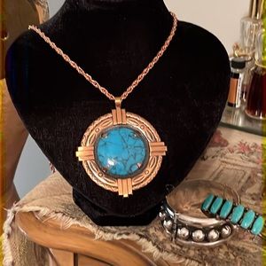 Bell Trading Post Pendant Chain Necklace Copper Faux Turquoise Vintage